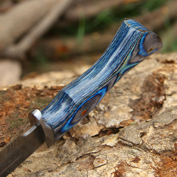 Hellcat Damascus Hunting Knife with Leather Sheath