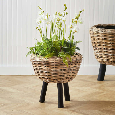 Woven Rattan Planter with Plastic Pot and Wood Legs
