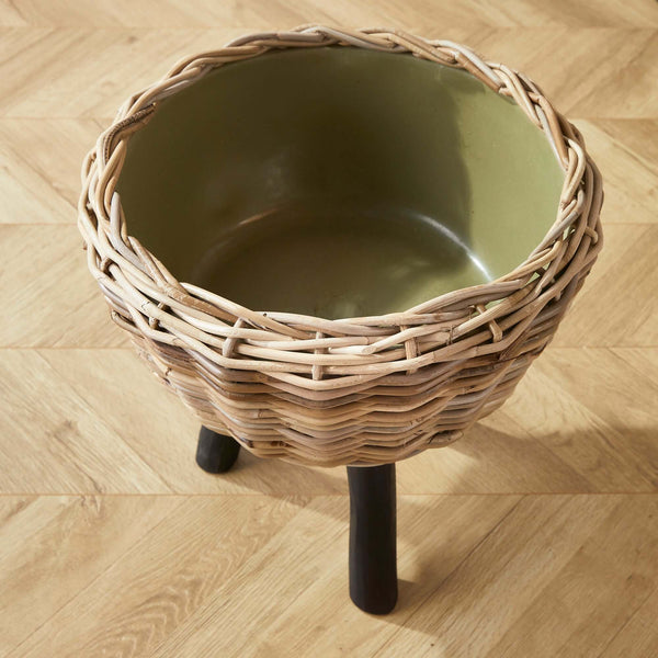 Woven Rattan Planter with Plastic Pot and Wood Legs