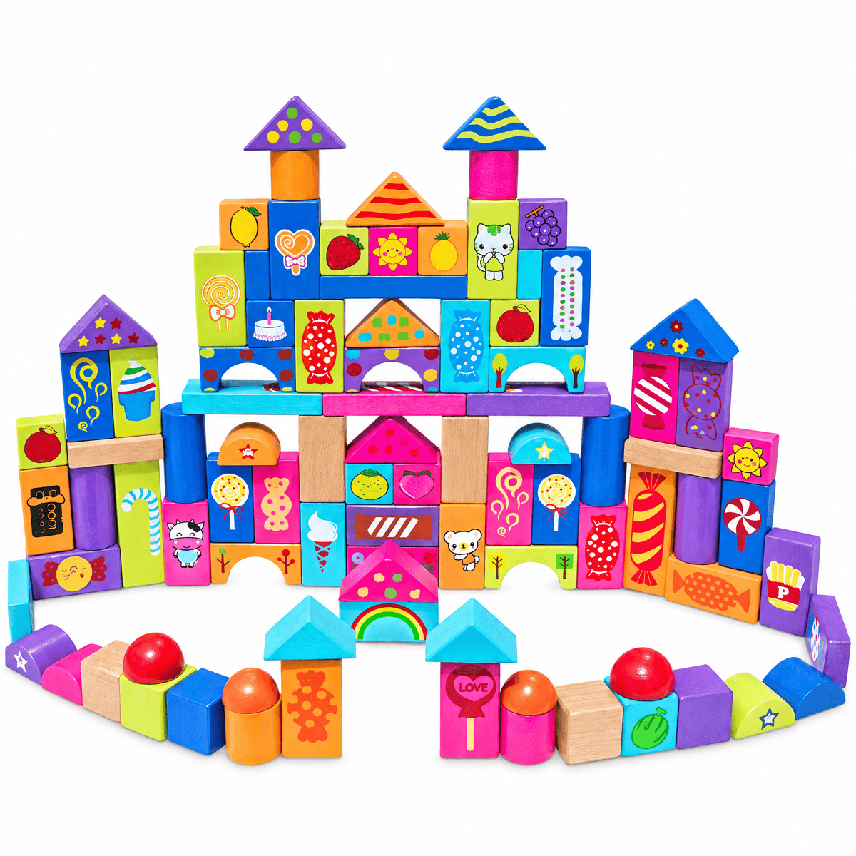 Set of 90 Colorful Wooden Building Blocks Educational Stacking Toy Castle