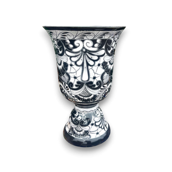 XL Black Talavera Planter | Hand-Painted Pedestal Flower Pot