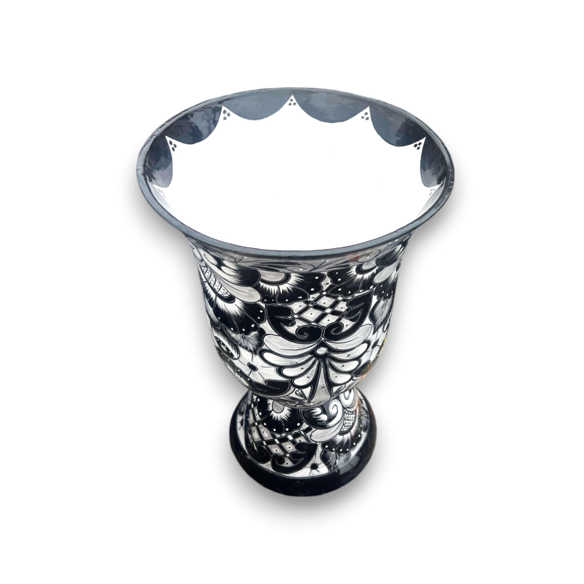 XL Black Talavera Planter | Hand-Painted Pedestal Flower Pot