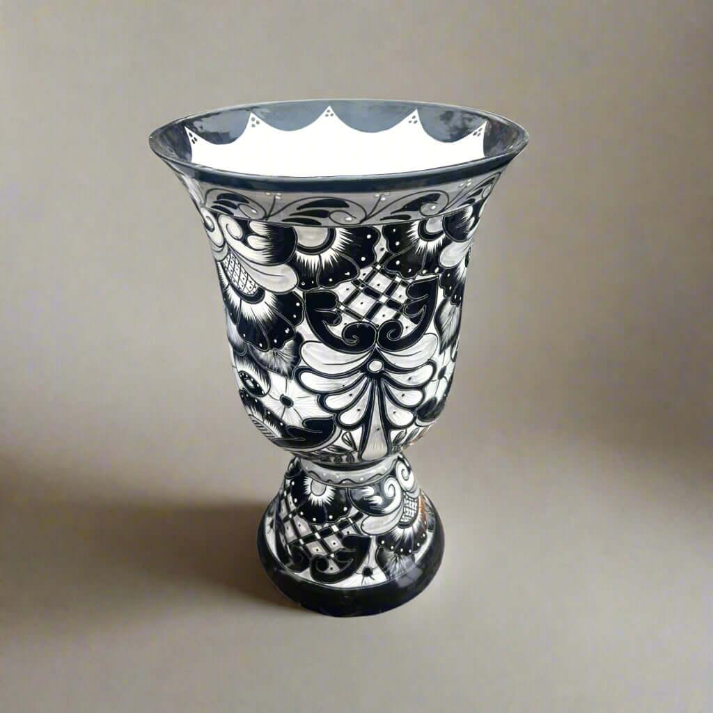 XL Black Talavera Planter | Hand-Painted Pedestal Flower Pot