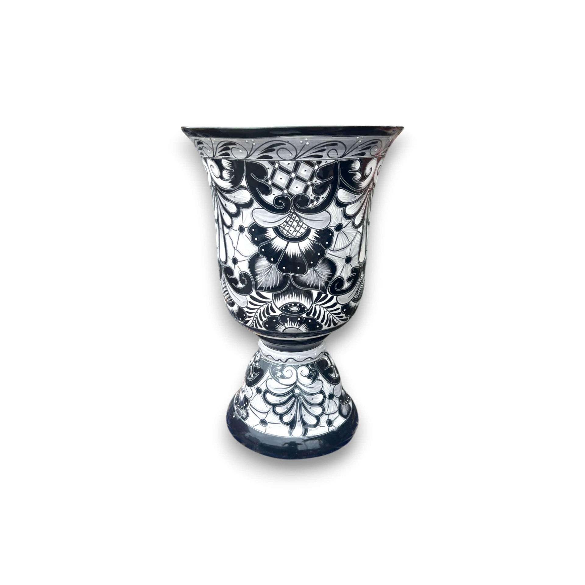 XL Black Talavera Planter | Hand-Painted Pedestal Flower Pot