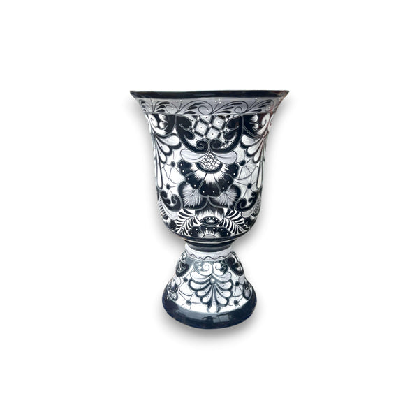 XL Black Talavera Planter | Hand-Painted Pedestal Flower Pot
