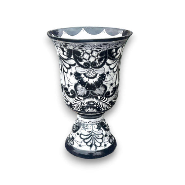 XL Black Talavera Planter | Hand-Painted Pedestal Flower Pot