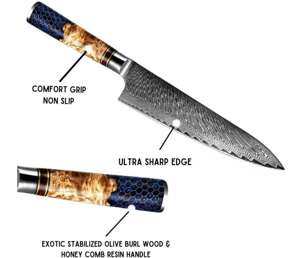 Yamato Chef knife with Exotic Olive Burl Wood & Honeycomb Composite Handle - Gifts for You 'n Me