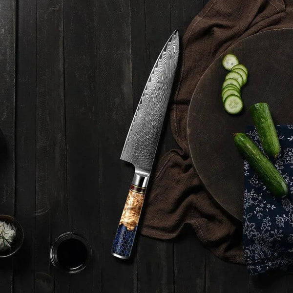 Yamato Chef knife with Exotic Olive Burl Wood & Honeycomb Composite Handle - Gifts for You 'n Me