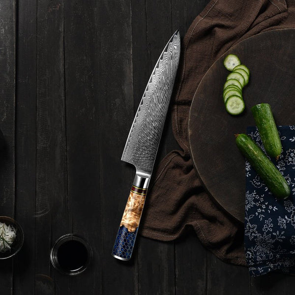Yamato Chef knife with Exotic Olive Burl Wood & Honeycomb Composite Handle