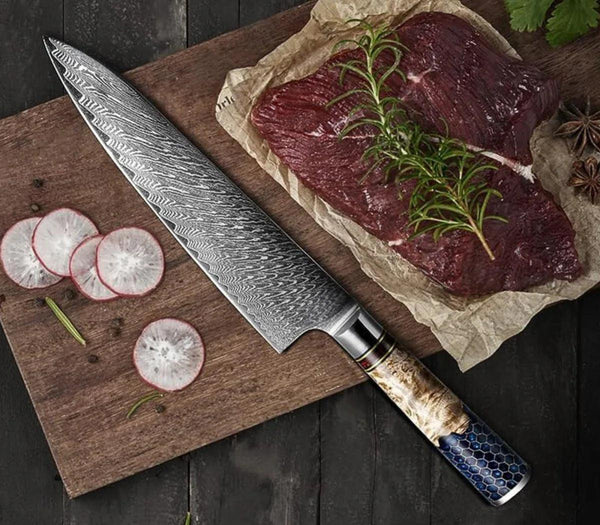 Yamato Chef knife with Exotic Olive Burl Wood & Honeycomb Composite Handle - Gifts for You 'n Me