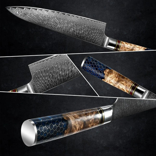 Yamato Chef knife with Exotic Olive Burl Wood & Honeycomb Composite Handle - Gifts for You 'n Me