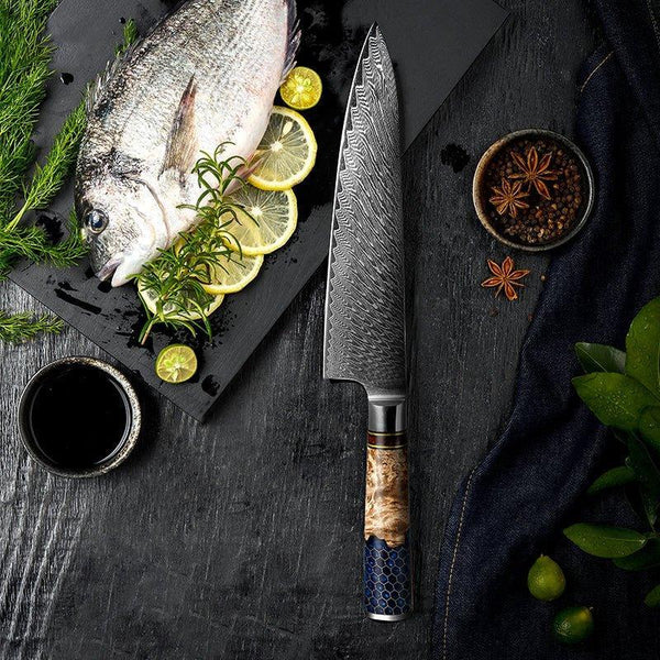 Yamato Chef knife with Exotic Olive Burl Wood & Honeycomb Composite Handle - Gifts for You 'n Me
