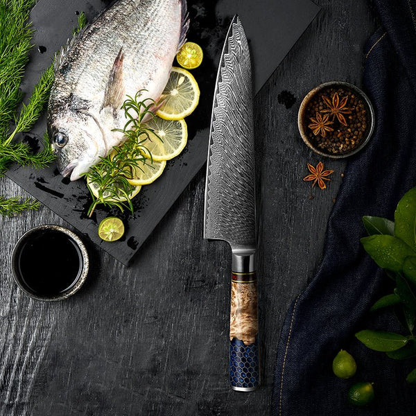 Yamato Chef knife with Exotic Olive Burl Wood & Honeycomb Composite Handle