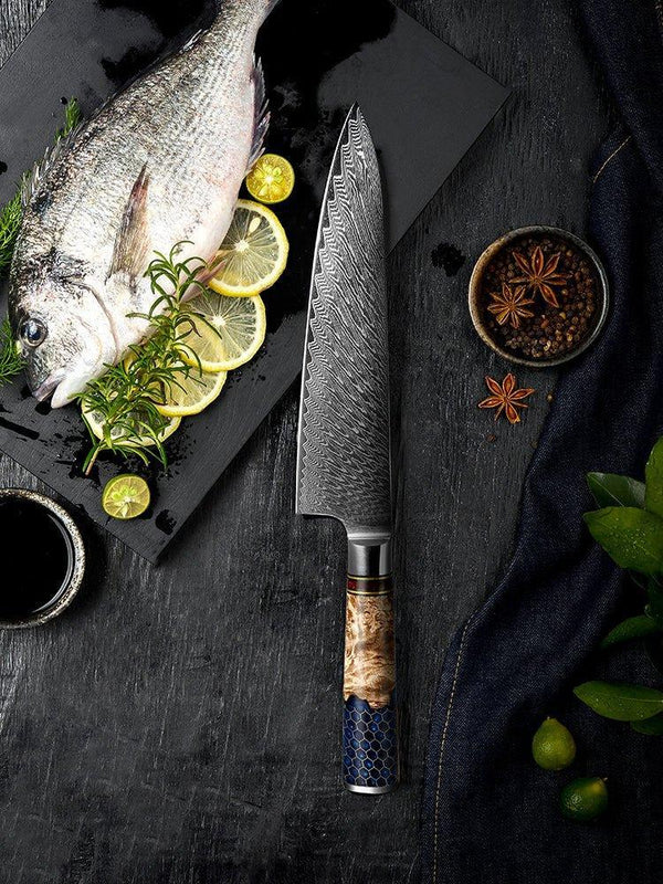 Yamato Chef knife with Exotic Olive Burl Wood & Honeycomb Composite Handle - Gifts for You 'n Me