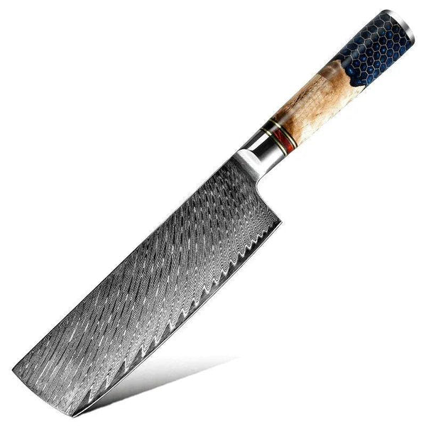 Yamato VG10 Chef Knife Damascus Nakiri Knife with Exotic Olive Wood & Honeycomb Resin Handle - Gifts for You 'n Me