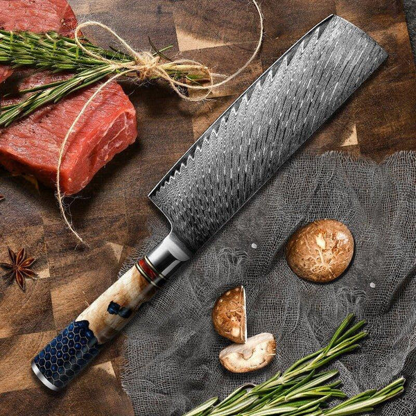 Yamato VG10 Chef Knife Damascus Nakiri Knife with Exotic Olive Wood & Honeycomb Resin Handle - Gifts for You 'n Me
