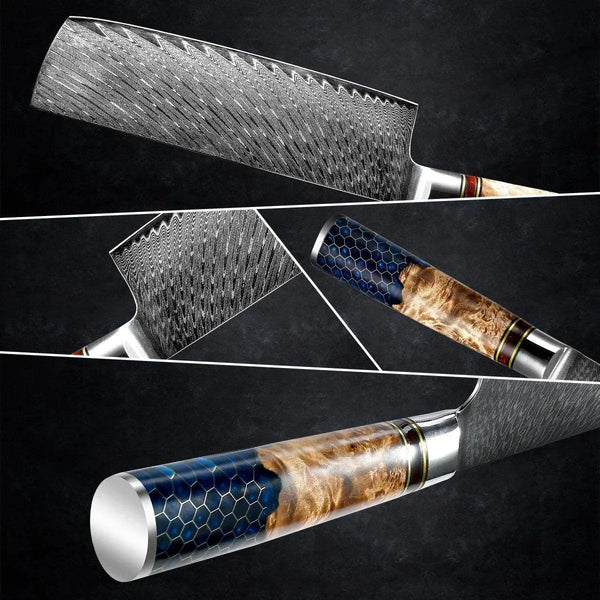 Yamato VG10 Chef Knife Damascus Nakiri Knife with Exotic Olive Wood & Honeycomb Resin Handle - Gifts for You 'n Me