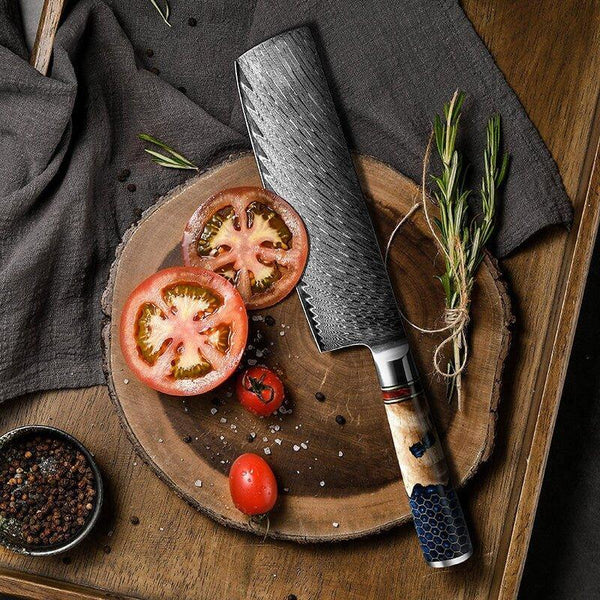 Yamato VG10 Chef Knife Damascus Nakiri Knife with Exotic Olive Wood & Honeycomb Resin Handle - Gifts for You 'n Me