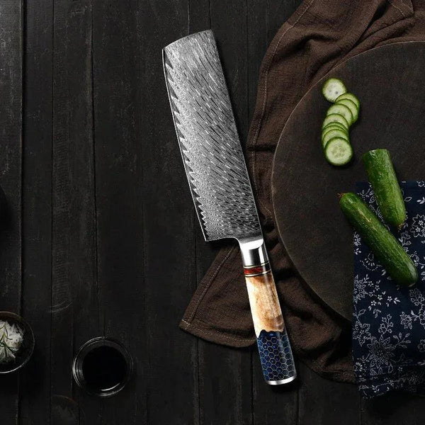 Yamato VG10 Chef Knife Damascus Nakiri Knife with Exotic Olive Wood & Honeycomb Resin Handle - Gifts for You 'n Me