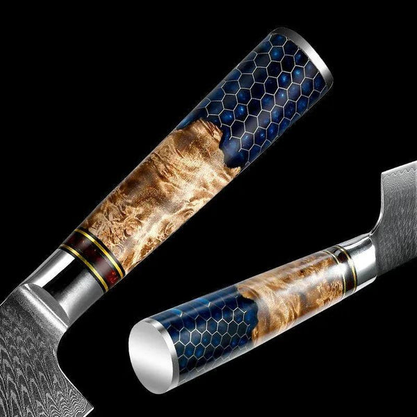 Yamato VG10 Chef Knife Damascus Nakiri Knife with Exotic Olive Wood & Honeycomb Resin Handle - Gifts for You 'n Me