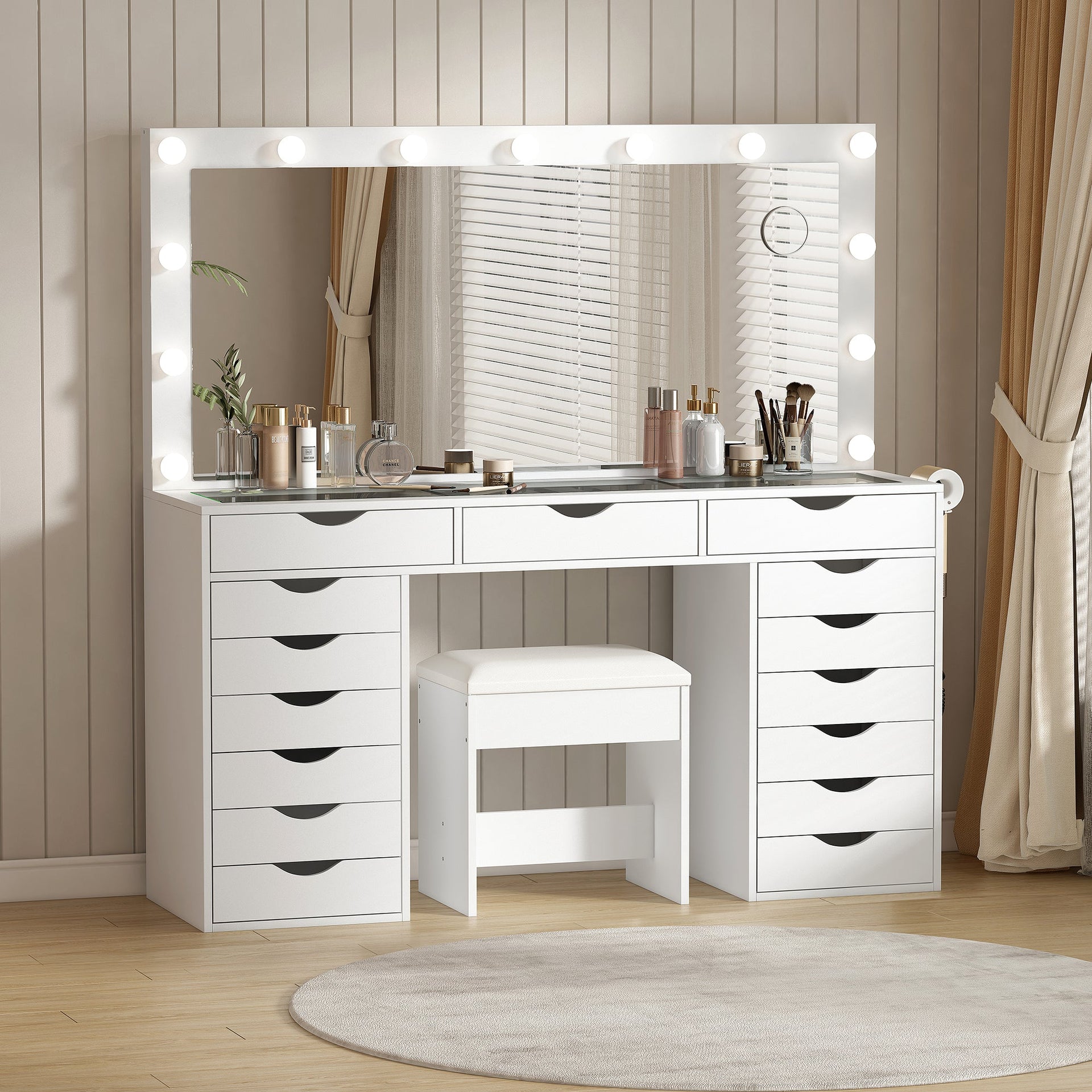 Vektaya US-VD008 Bedroom Makeup Vanity desk with LED Mirro, 15 Drawers