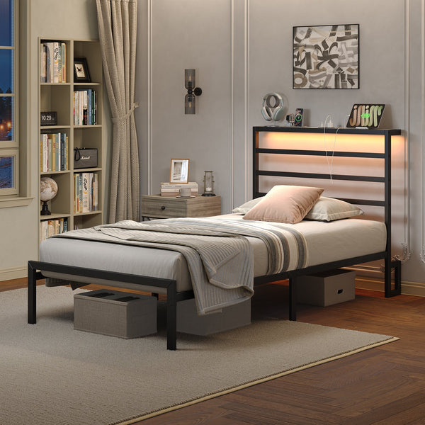 Yanosaku BF006-GR-T Twin Classic Metal Bed Frame with LED Lights & Charging