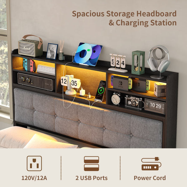 Full LED Bed Frame with LED, USB Charging, Storage Drawers, No Box Spring Needed - Vektaya