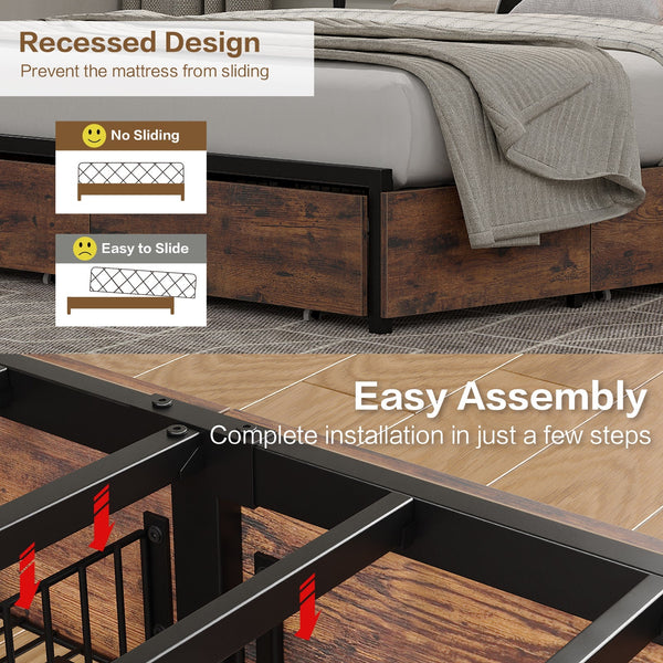 Full LED Bed Frame with LED, USB Charging, Storage Drawers, No Box Spring Needed - Vektaya