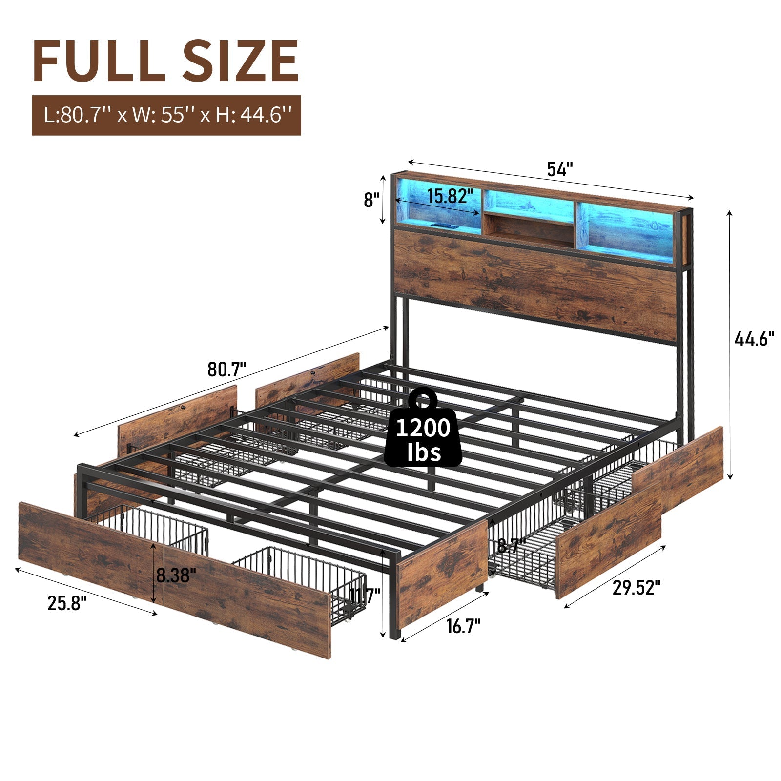 Full LED Bed Frame with LED, USB Charging, Storage Drawers, No Box Spring Needed - Vektaya