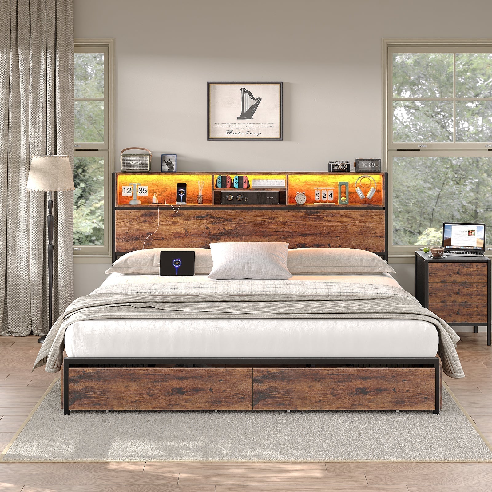 Full LED Bed Frame with LED, USB Charging, Storage Drawers, No Box Spring Needed - Vektaya