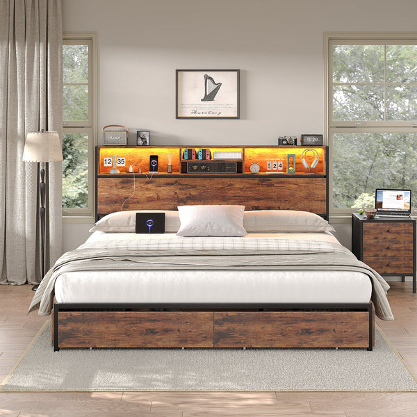 Full LED Bed Frame with LED, USB Charging, Storage Drawers, No Box Spring Needed - Vektaya