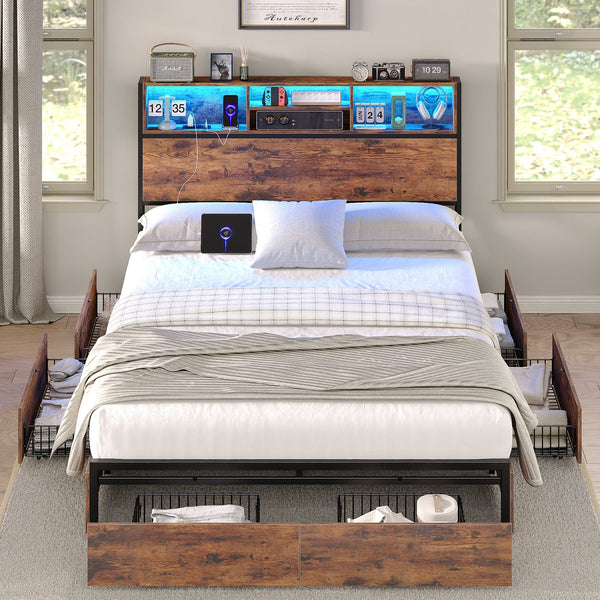 Full LED Bed Frame with LED, USB Charging, Storage Drawers, No Box Spring Needed - Vektaya