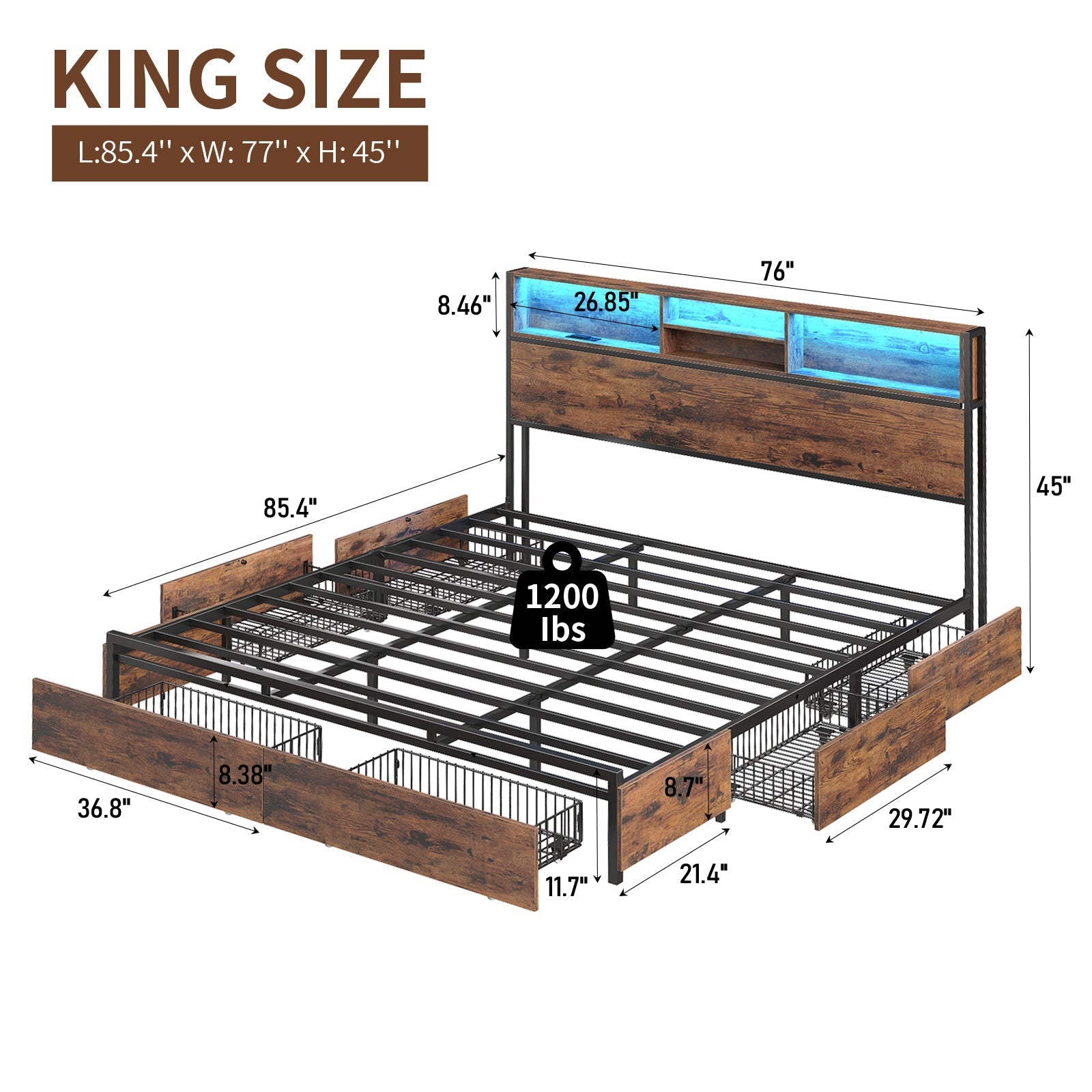 Full LED Bed Frame with LED, USB Charging, Storage Drawers, No Box Spring Needed - Vektaya