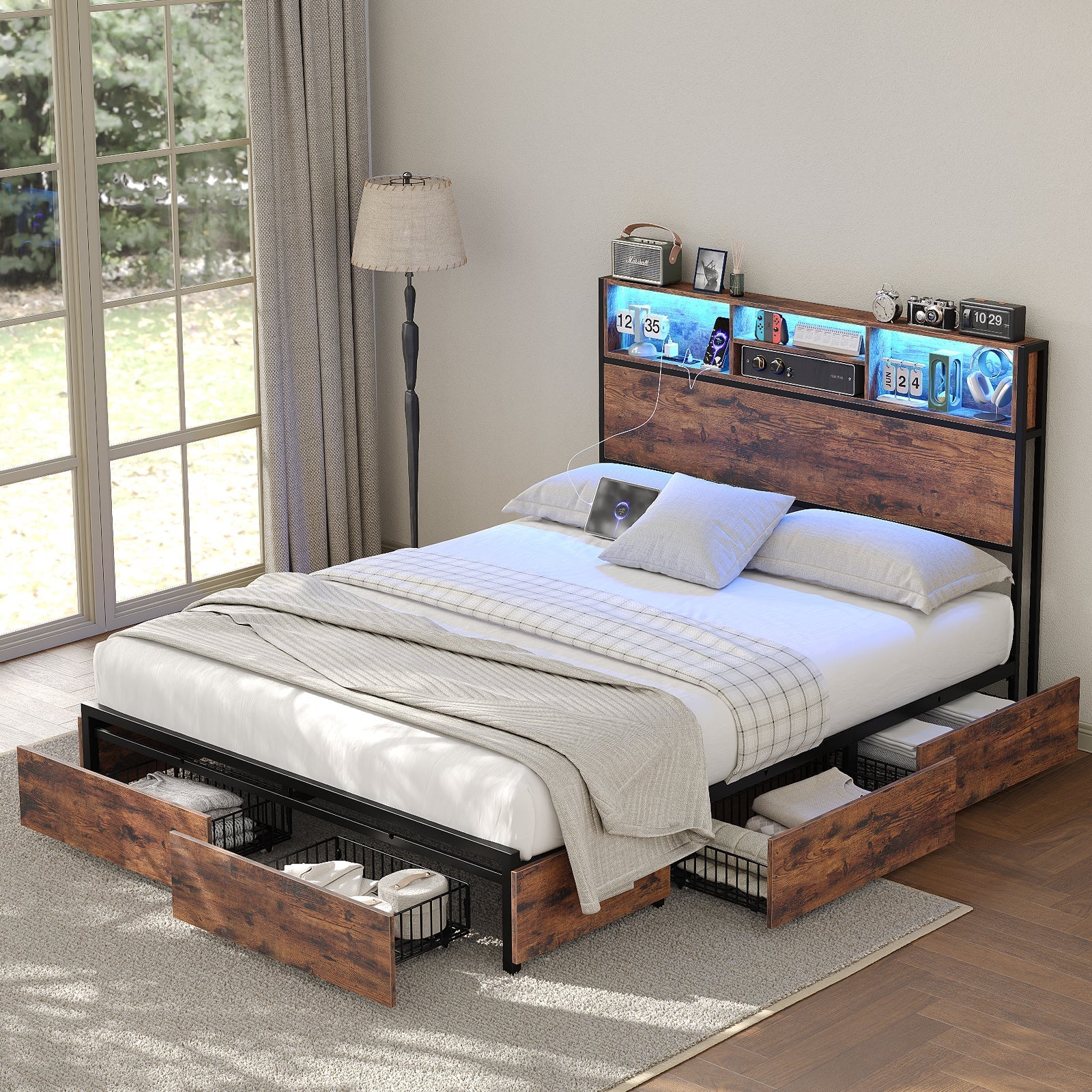 Full LED Bed Frame with LED, USB Charging, Storage Drawers, No Box Spring Needed - Vektaya