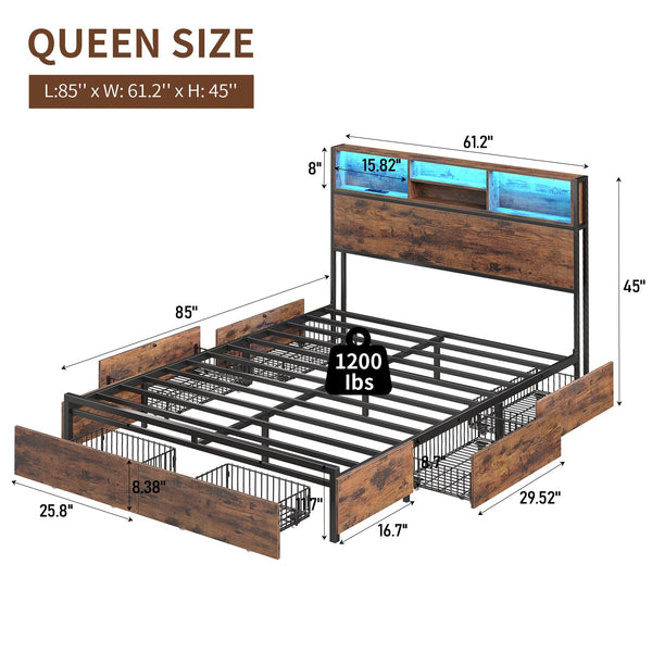 Full LED Bed Frame with LED, USB Charging, Storage Drawers, No Box Spring Needed - Vektaya