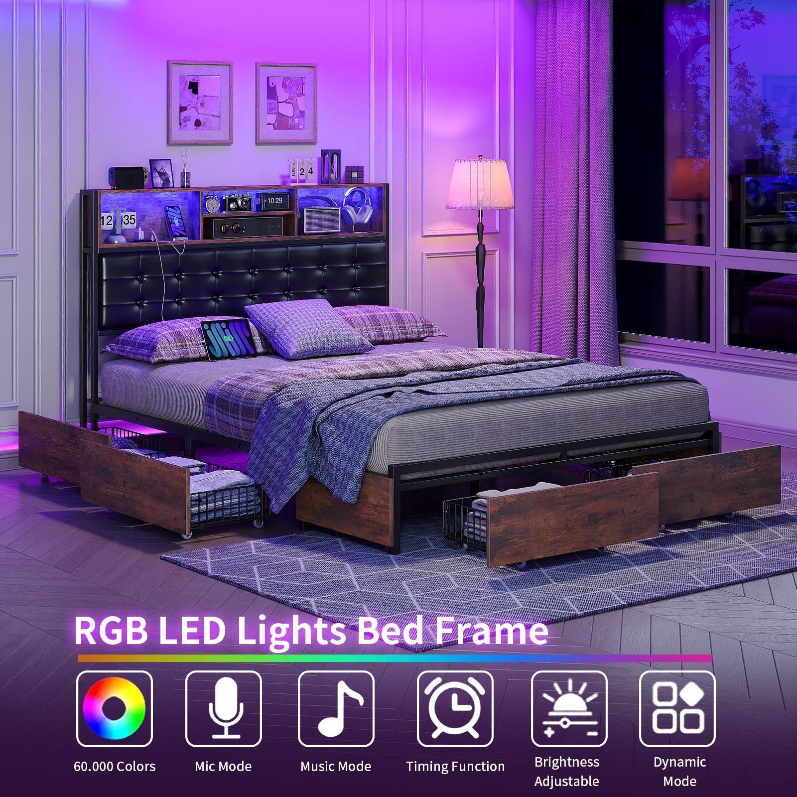 Full RGB LED Bed Frame with RGB LED, USB Charging, Storage Drawers, No Box Spring Needed - Vektaya