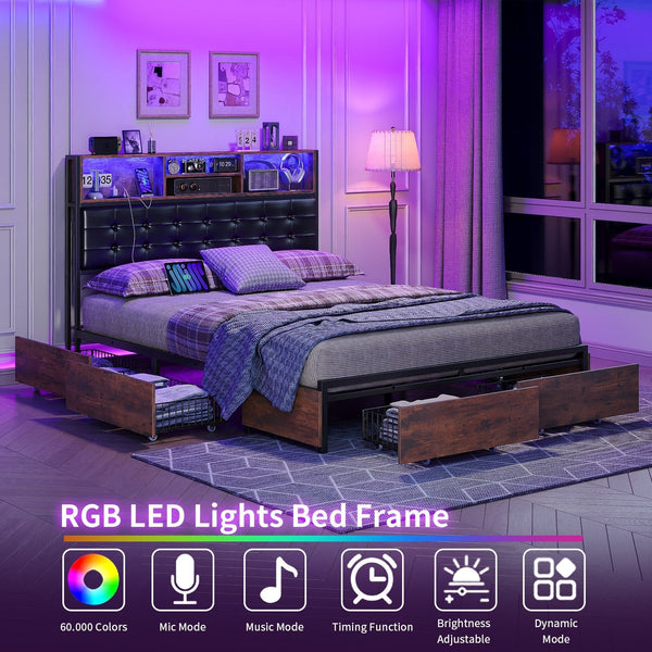 Full RGB LED Bed Frame with RGB LED, USB Charging, Storage Drawers, No Box Spring Needed - Vektaya