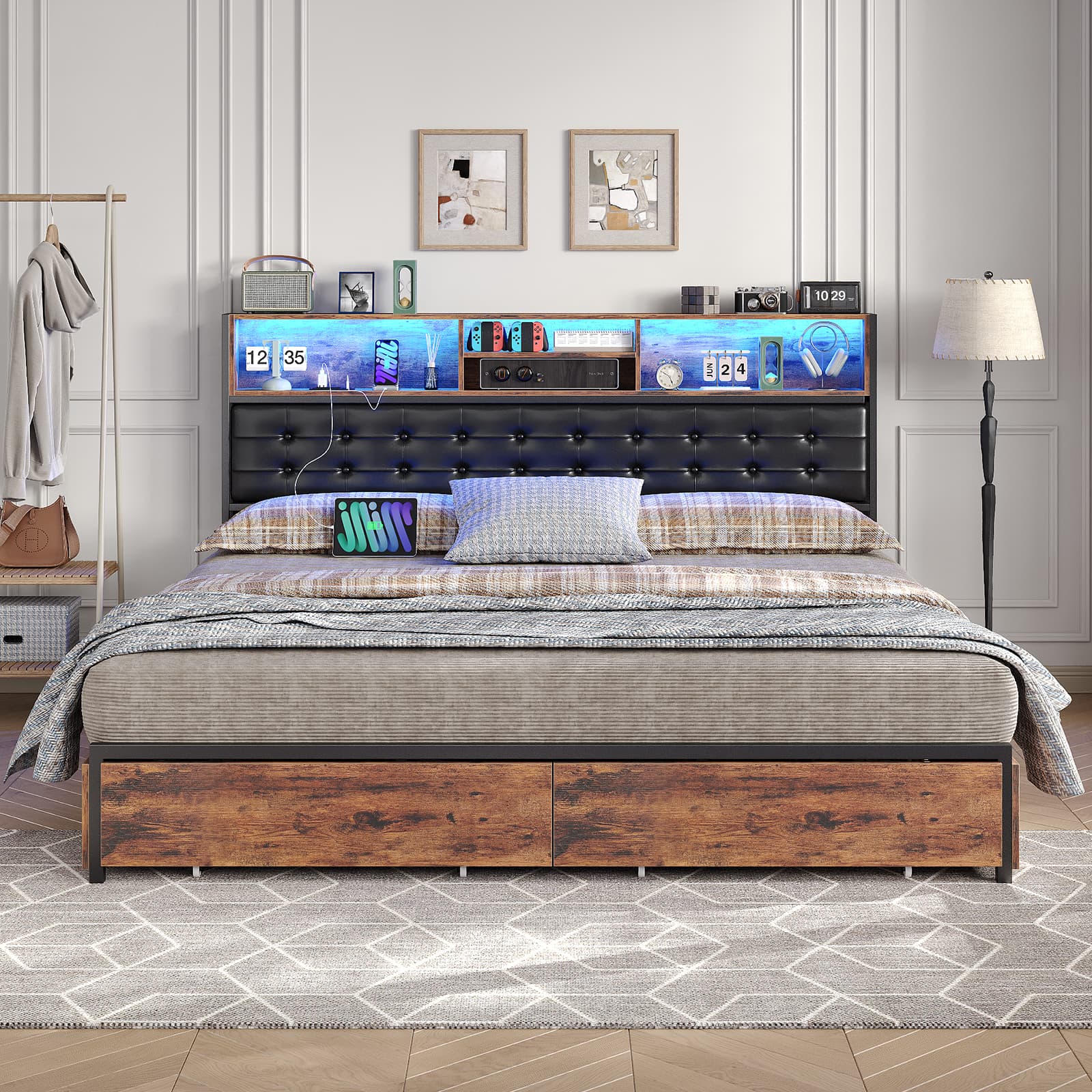 Full RGB LED Bed Frame with RGB LED, USB Charging, Storage Drawers, No Box Spring Needed - Vektaya