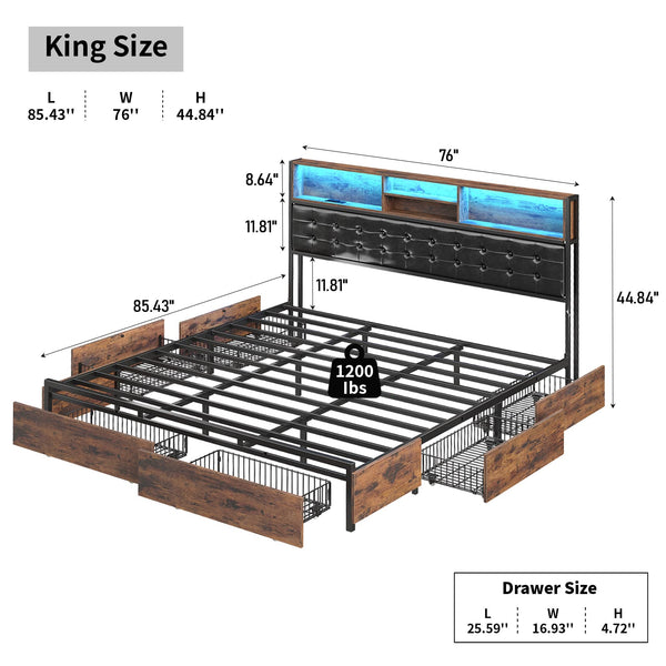 Full RGB LED Bed Frame with RGB LED, USB Charging, Storage Drawers, No Box Spring Needed - Vektaya