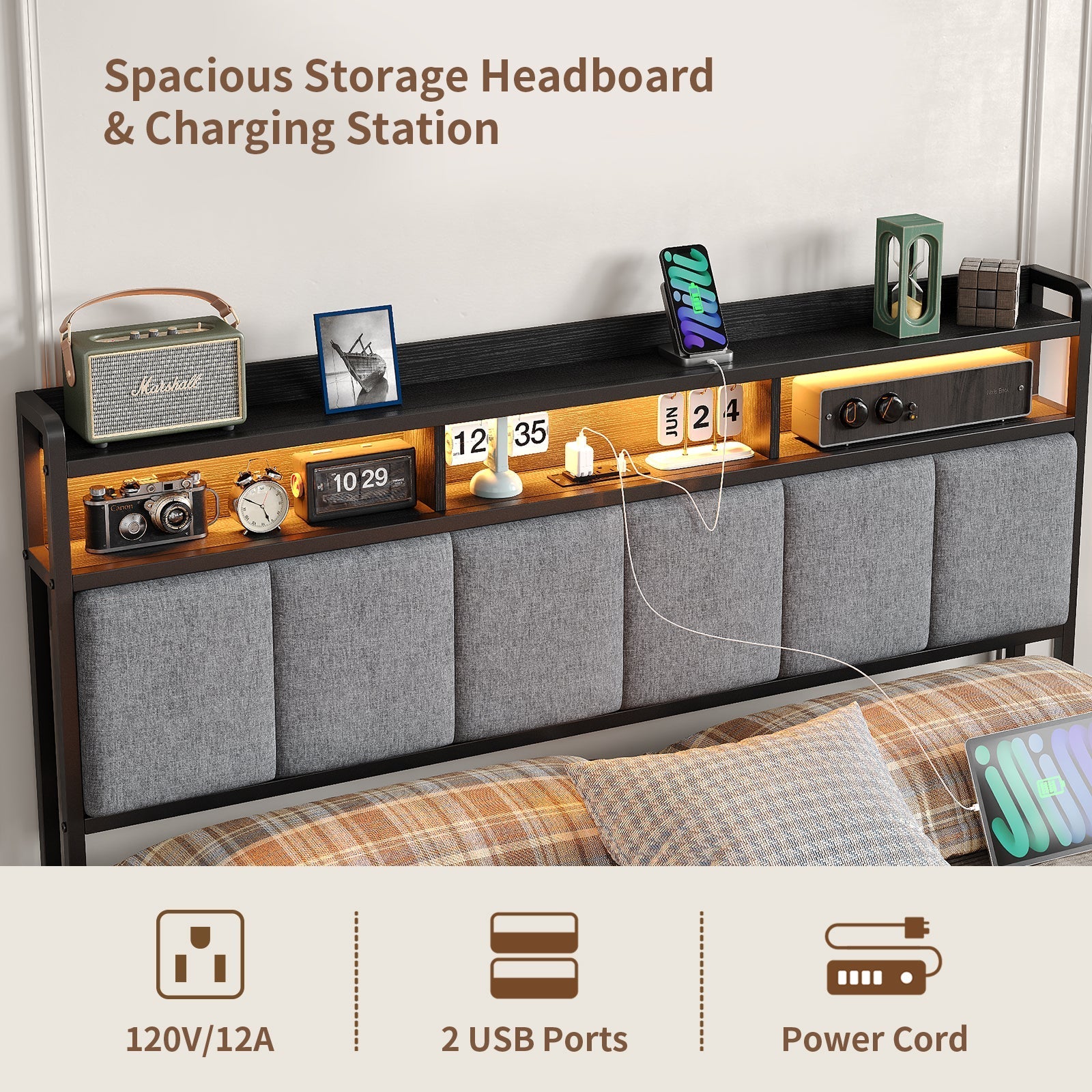 Full RGB LED Bed Frame with RGB LED, USB Charging, Storage Drawers, No Box Spring Needed Black - Vektaya
