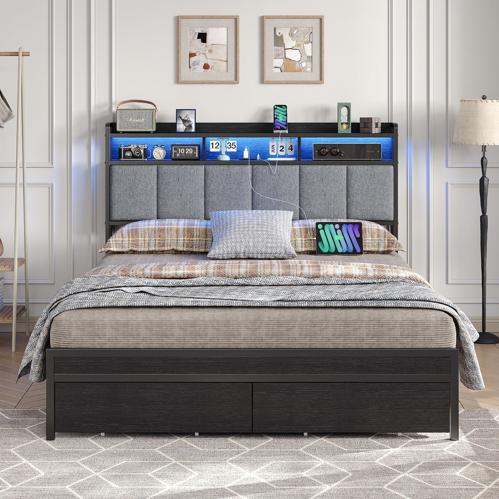 Full RGB LED Bed Frame with RGB LED, USB Charging, Storage Drawers, No Box Spring Needed Black - Vektaya