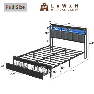 Full RGB LED Bed Frame with RGB LED, USB Charging, Storage Drawers, No Box Spring Needed Black - Vektaya
