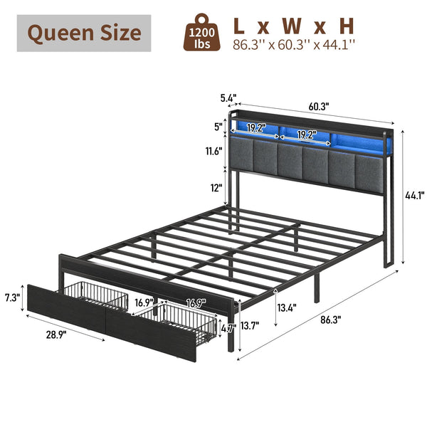 Full RGB LED Bed Frame with RGB LED, USB Charging, Storage Drawers, No Box Spring Needed Black - Vektaya