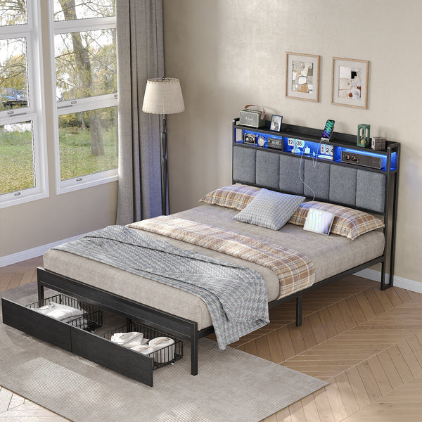 Full RGB LED Bed Frame with RGB LED, USB Charging, Storage Drawers, No Box Spring Needed Black - Vektaya