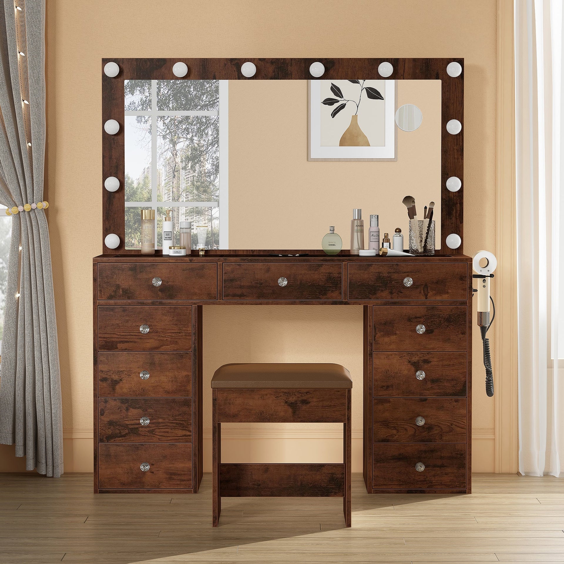 11-Drawer LED Mirror Vanity Desk - Vektaya