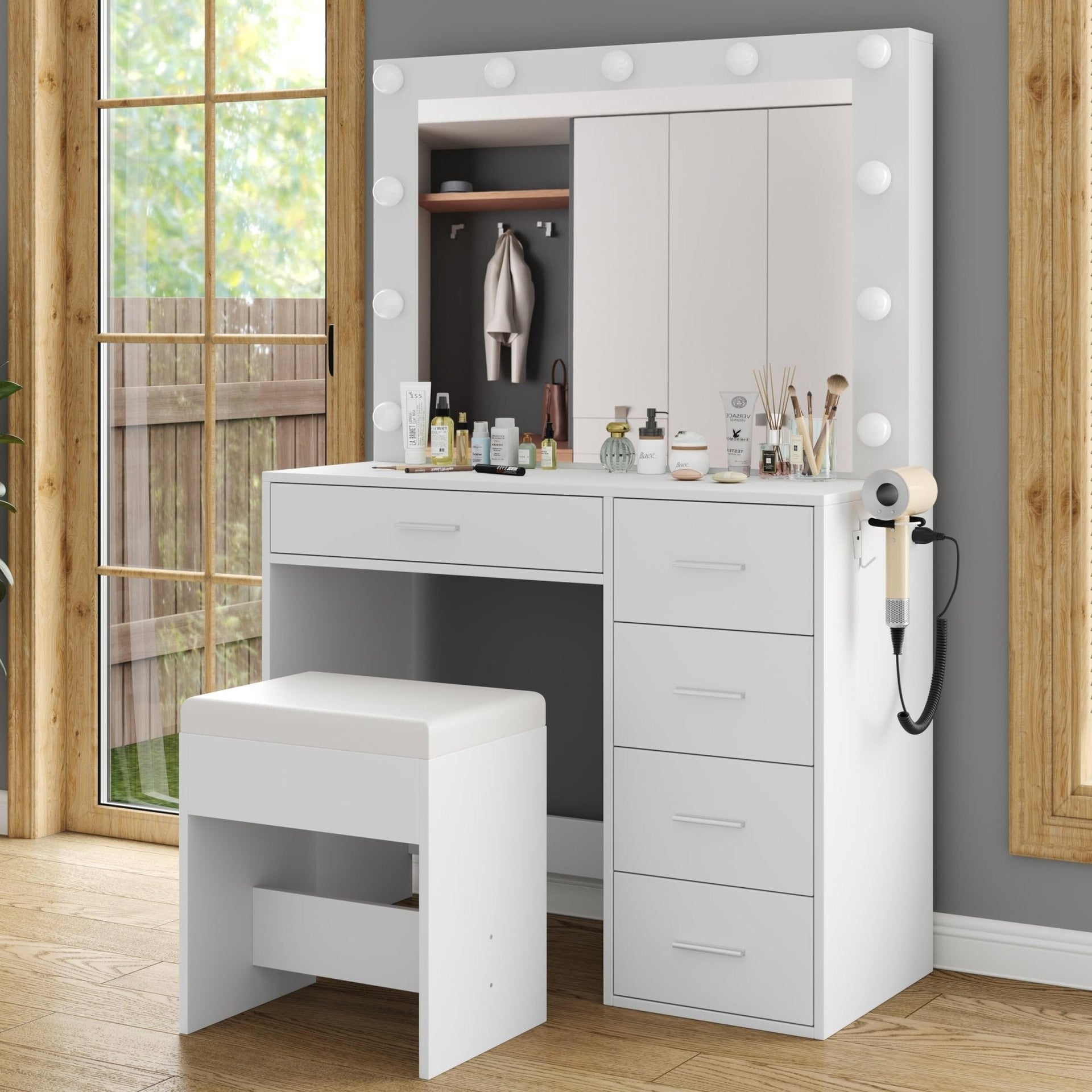 Vektaya US-VD001 Bedroom Makeup Vanity desk with LED Mirror, 5 Drawers Yanosaku Sotre