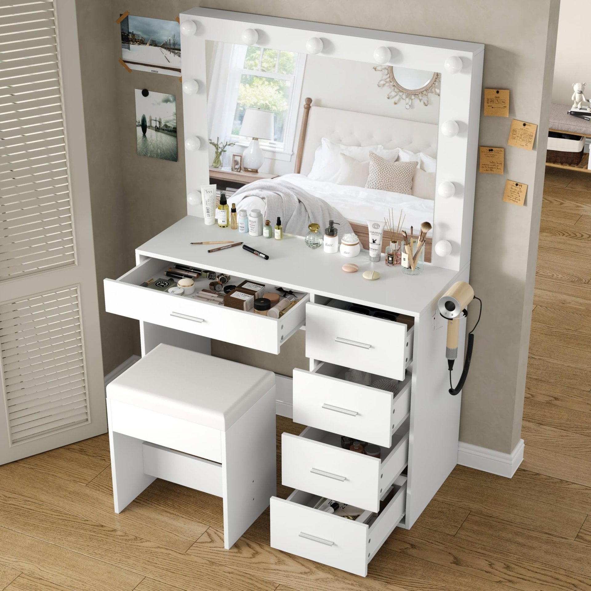 Vektaya US-VD001 Bedroom Makeup Vanity desk with LED Mirror, 5 Drawers Yanosaku Sotre