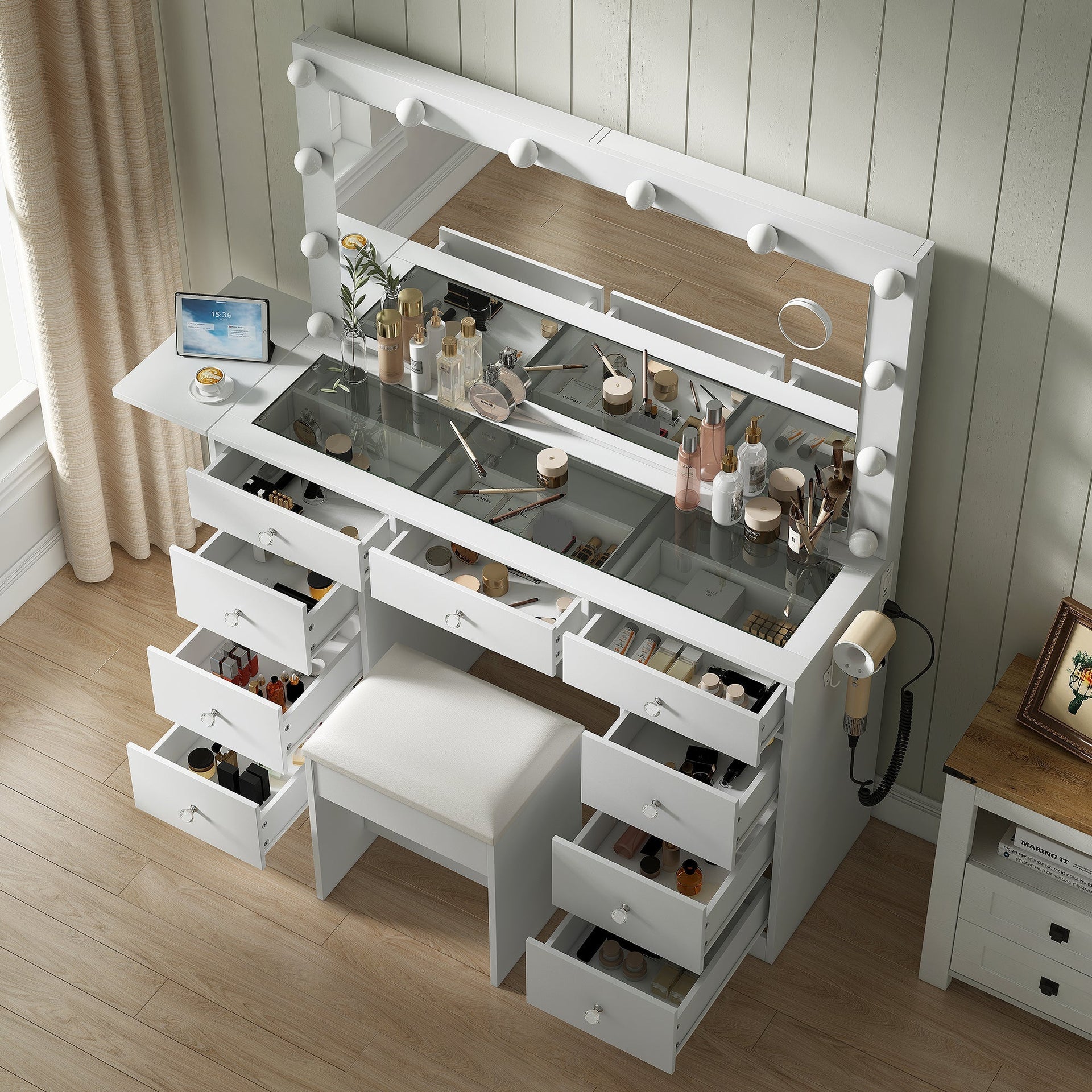 Vektaya US-VD007 Bedroom Makeup Vanity desk with LED Mirror, 9 Drawers