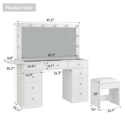 Vektaya US-VD007 Bedroom Makeup Vanity desk with LED Mirror, 9 Drawers