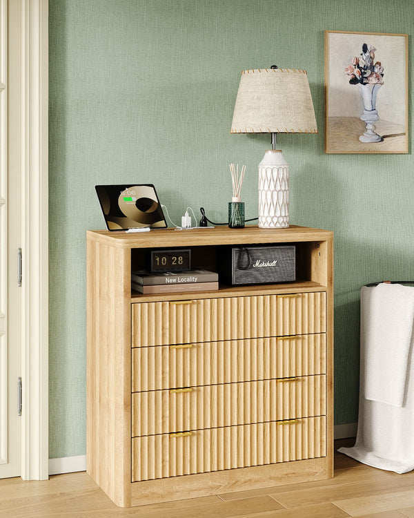 Vektaya US-NS009-NR Fluted Nightstand with LED & Charging Station, 4-Drawer Bedroom Storage, Oak Yanosaku Sotre